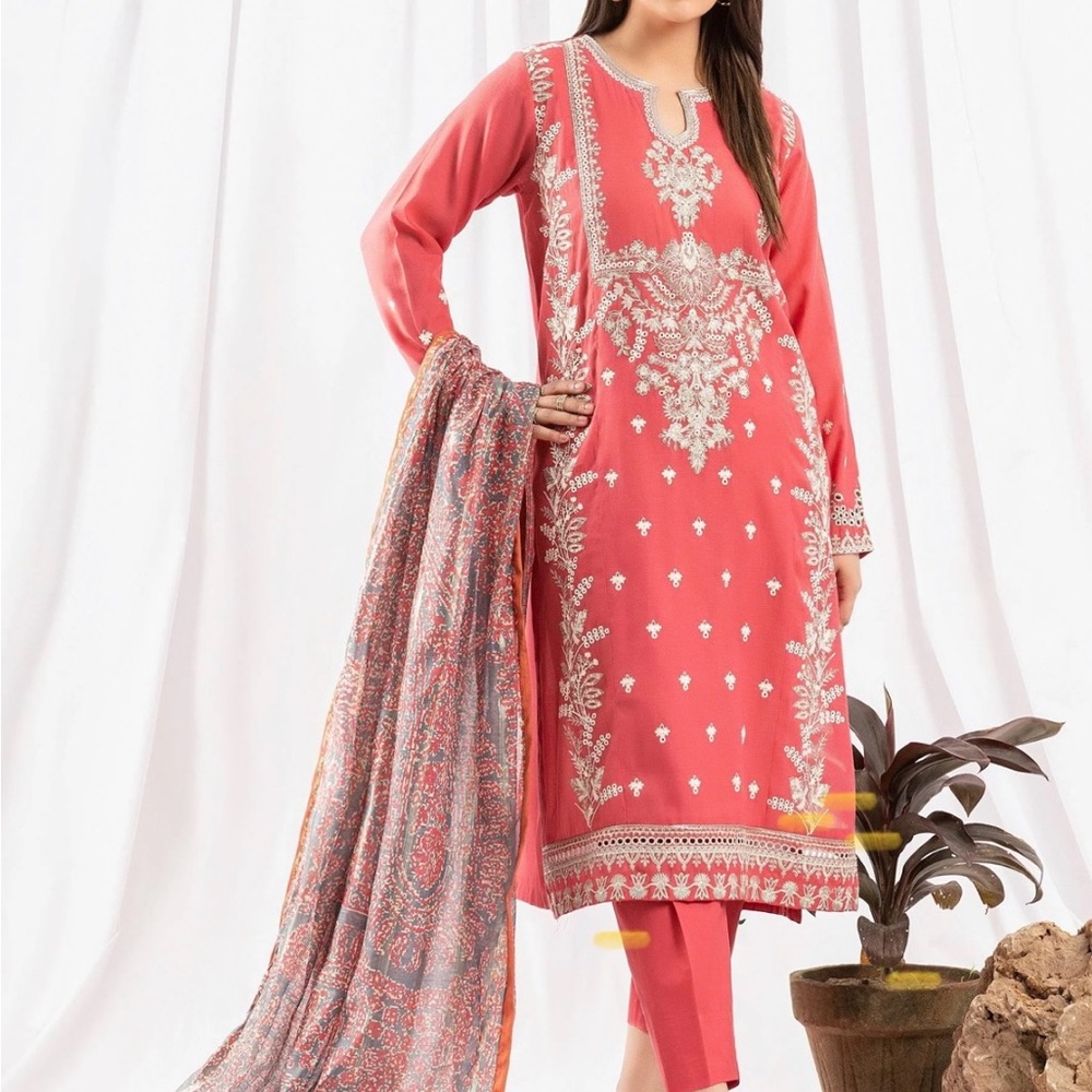 Limelight Coral Long Sleeve Dress with White Embroidery "Eid Special"